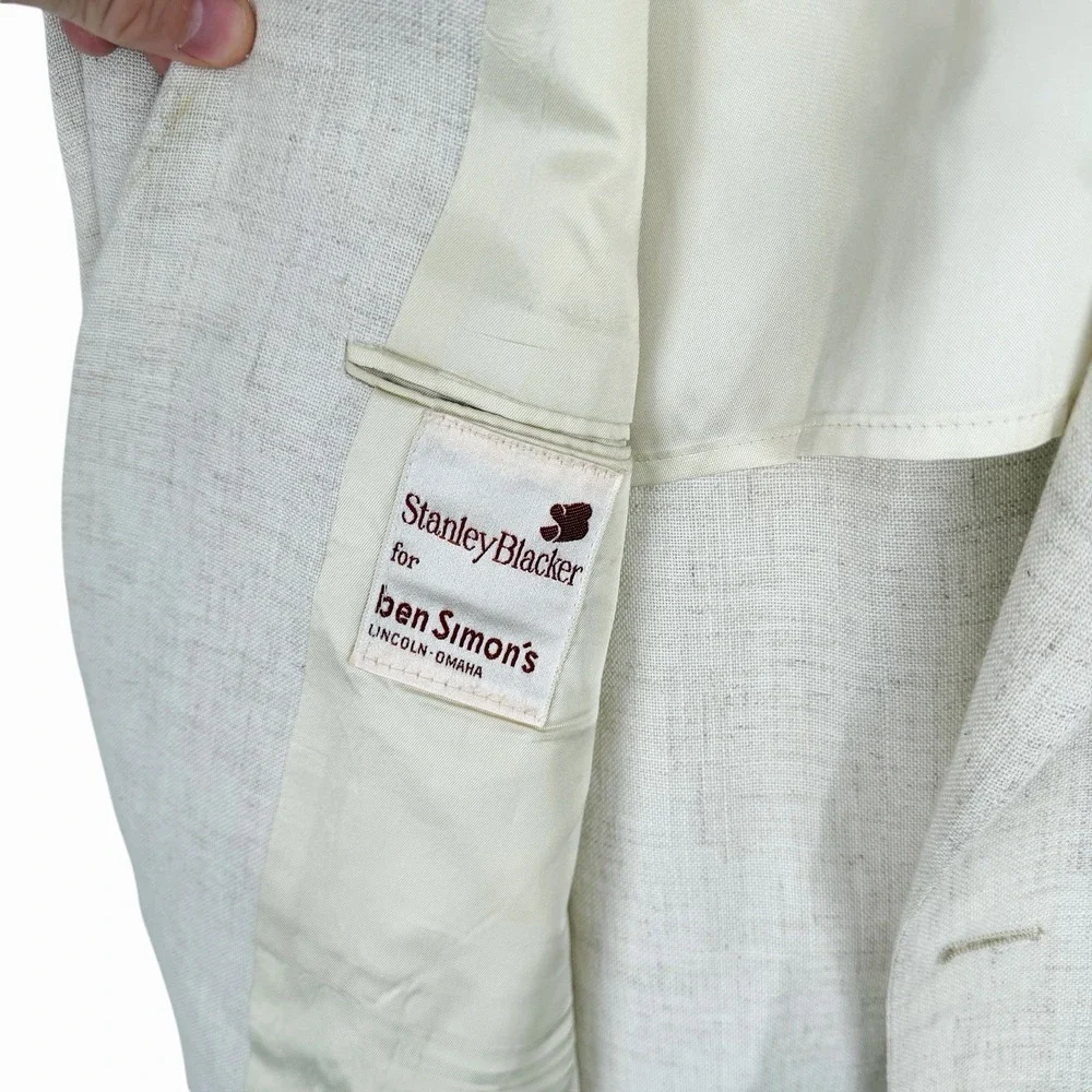 Vintage 70s 80s Linen Blazer Mens Cream Oatmeal Sport Coat Union Made USA 42
